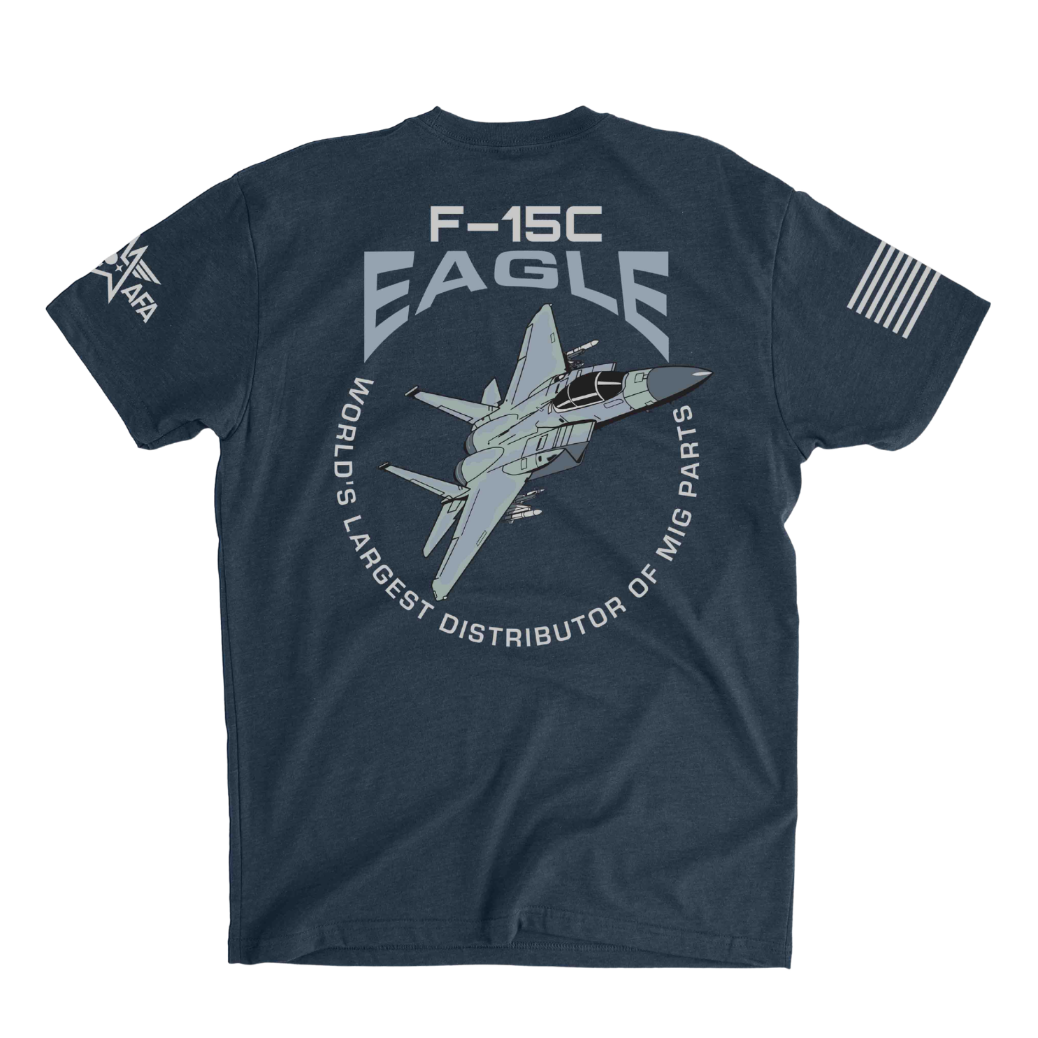 Navy blue t-shirt with F-15C Eagle graphic and text on a white background