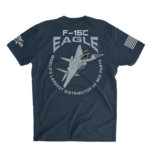 Navy blue t-shirt with F-15C Eagle graphic and text on a white background