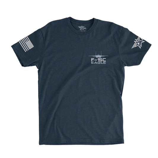 Navy blue t-shirt with F-15C Eagle graphic on a white background