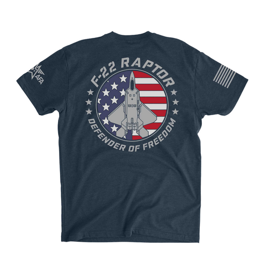 Navy blue t-shirt with F-22 Raptor graphic and American flag design on a white background