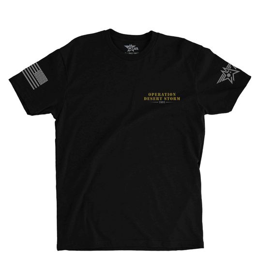 Black t-shirt with military-themed graphics and text on a white background