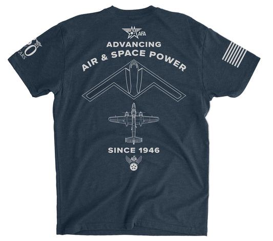 Navy blue t-shirt with white graphics and text on a gray background