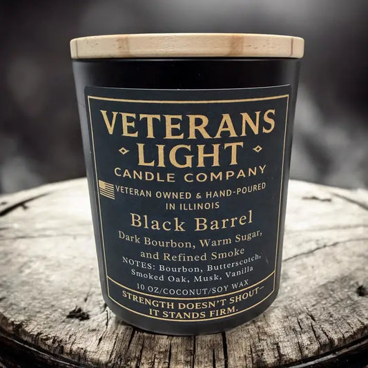 Candle from Veterans Light Candle Company on a wooden surface