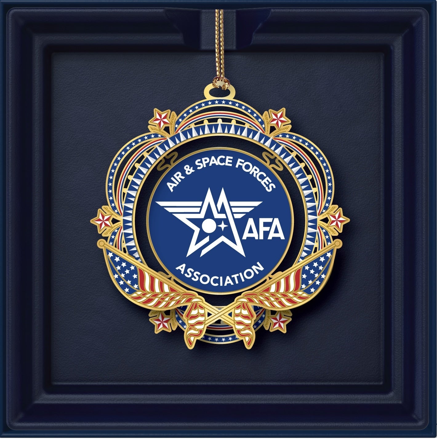 Decorative ornament with Air and Space Forces Association logo on a dark blue background