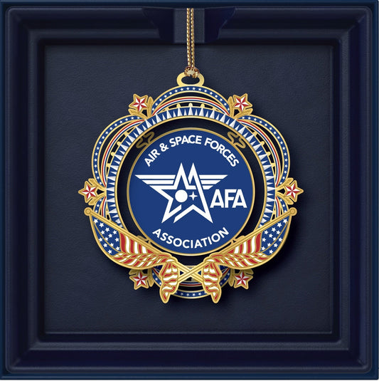 Decorative ornament with Air and Space Forces Association logo on a dark blue background