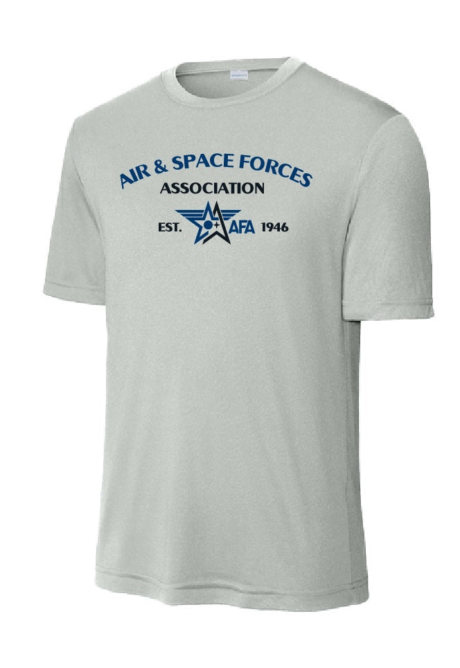 A navy blue dri-fit shirt with the Air & Space Forces Association logo and text 'Air & Space Forces Association EST. 1941' printed on the front.