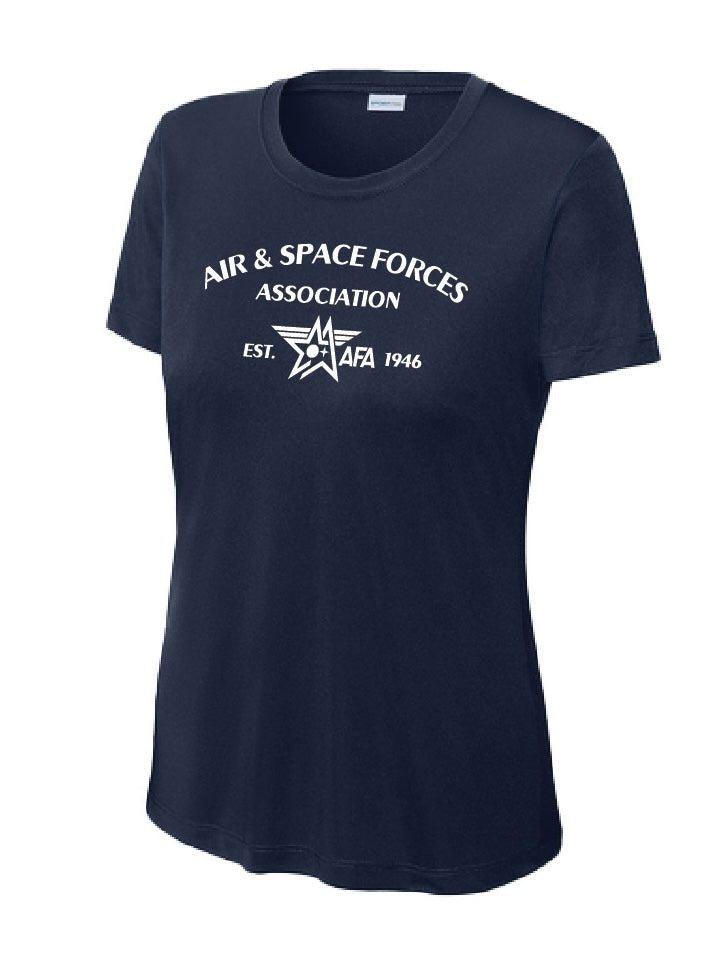 A navy blue dri-fit shirt with the Air & Space Forces Association logo and text 'Air & Space Forces Association EST. 1941' printed on the front.