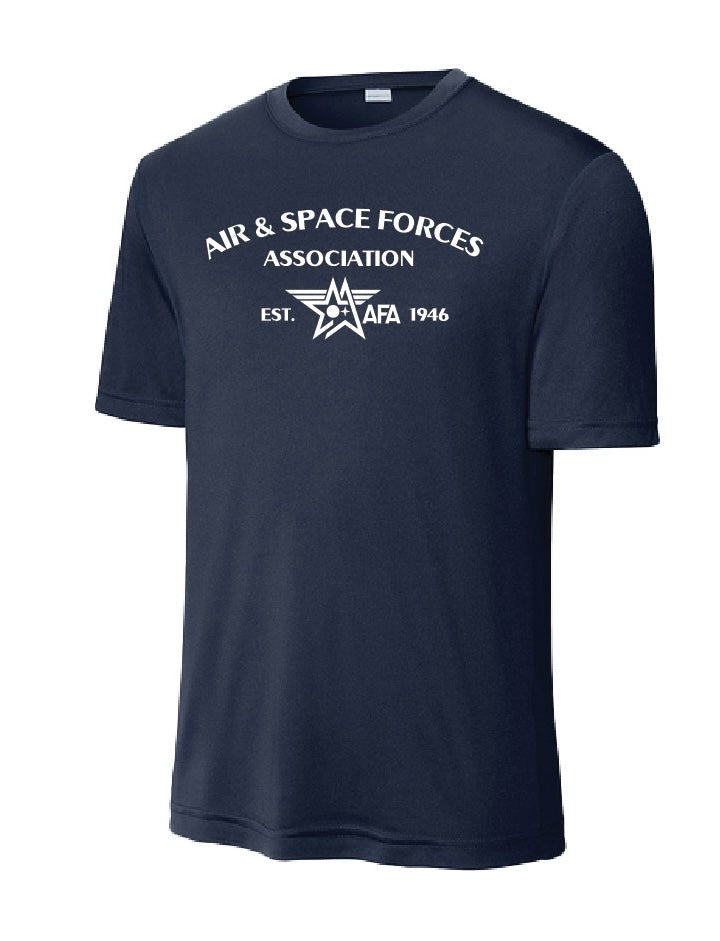 A navy blue dri-fit shirt with the Air & Space Forces Association logo and text 'Air & Space Forces Association EST. 1941' printed on the front.
