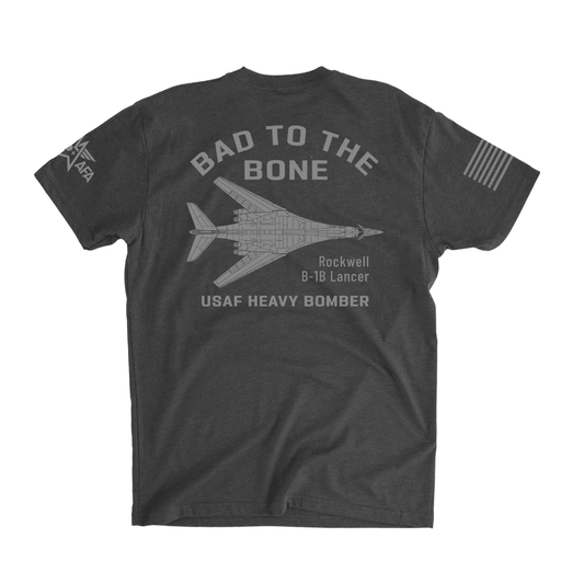Black t-shirt with airplane design and text on a white background