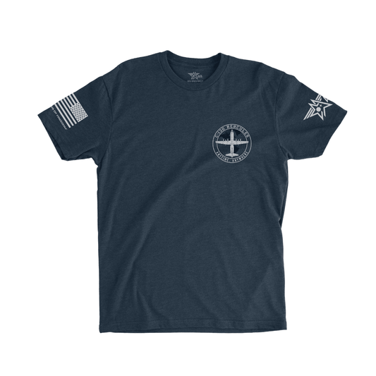 Navy blue t-shirt with white graphics on a white background