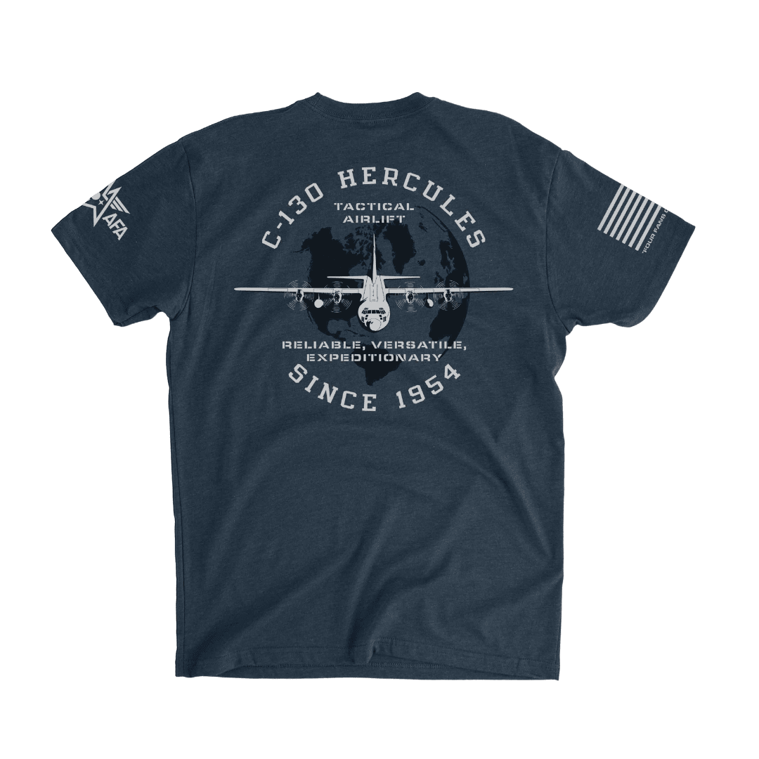 Navy blue t-shirt with C-130 Hercules aircraft graphic and text on a white background