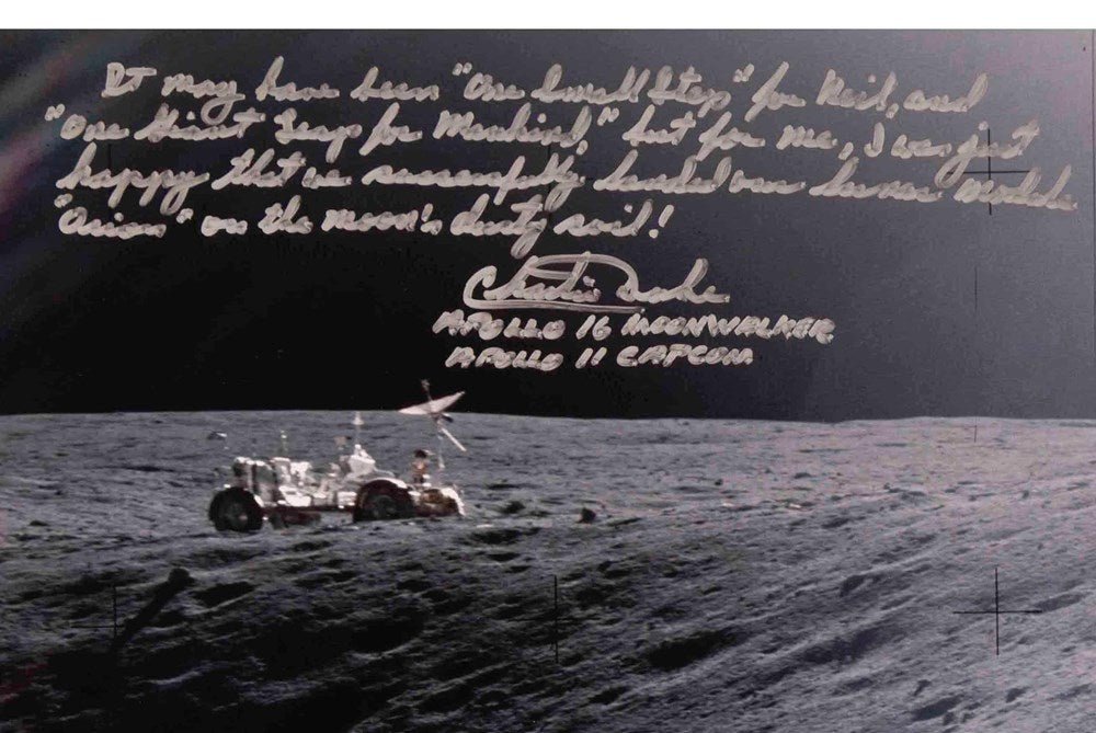 Charlie Duke Signed Photograph of Apollo 16 Moonwalk