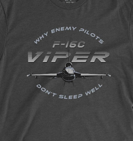 Dark gray t-shirt with F-16C Viper graphic and text on a plain background