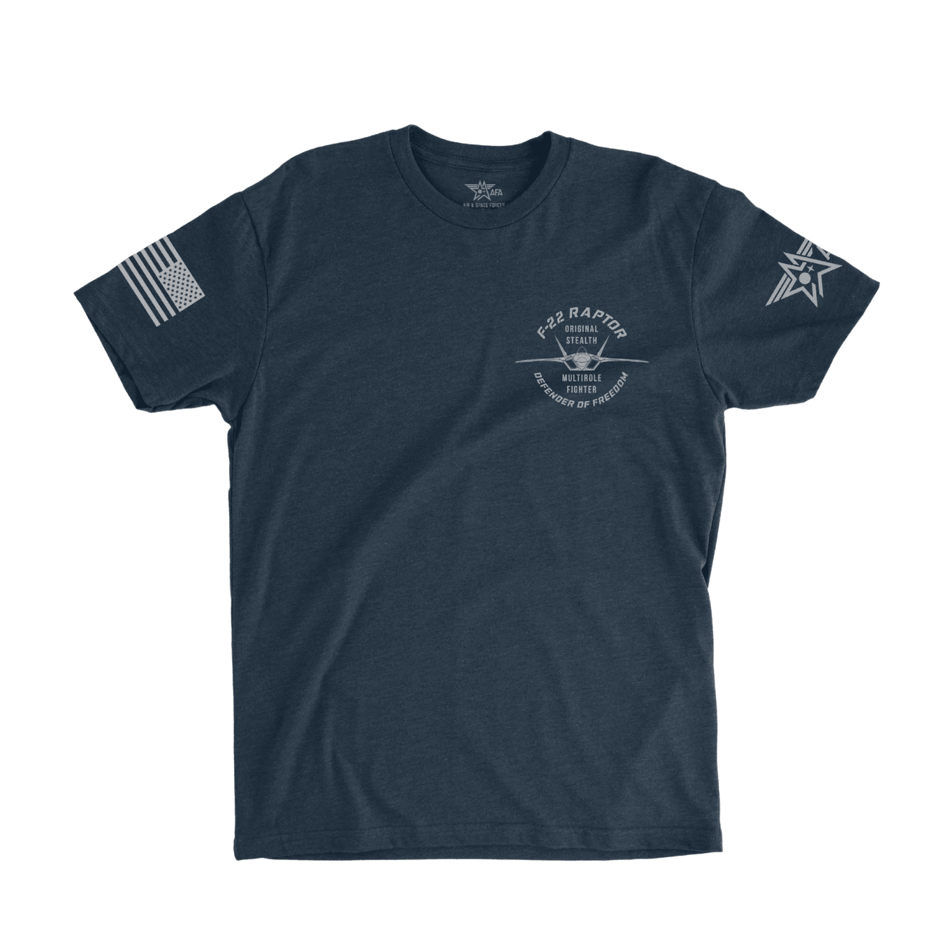 Navy blue t-shirt with white graphics and text on a white background