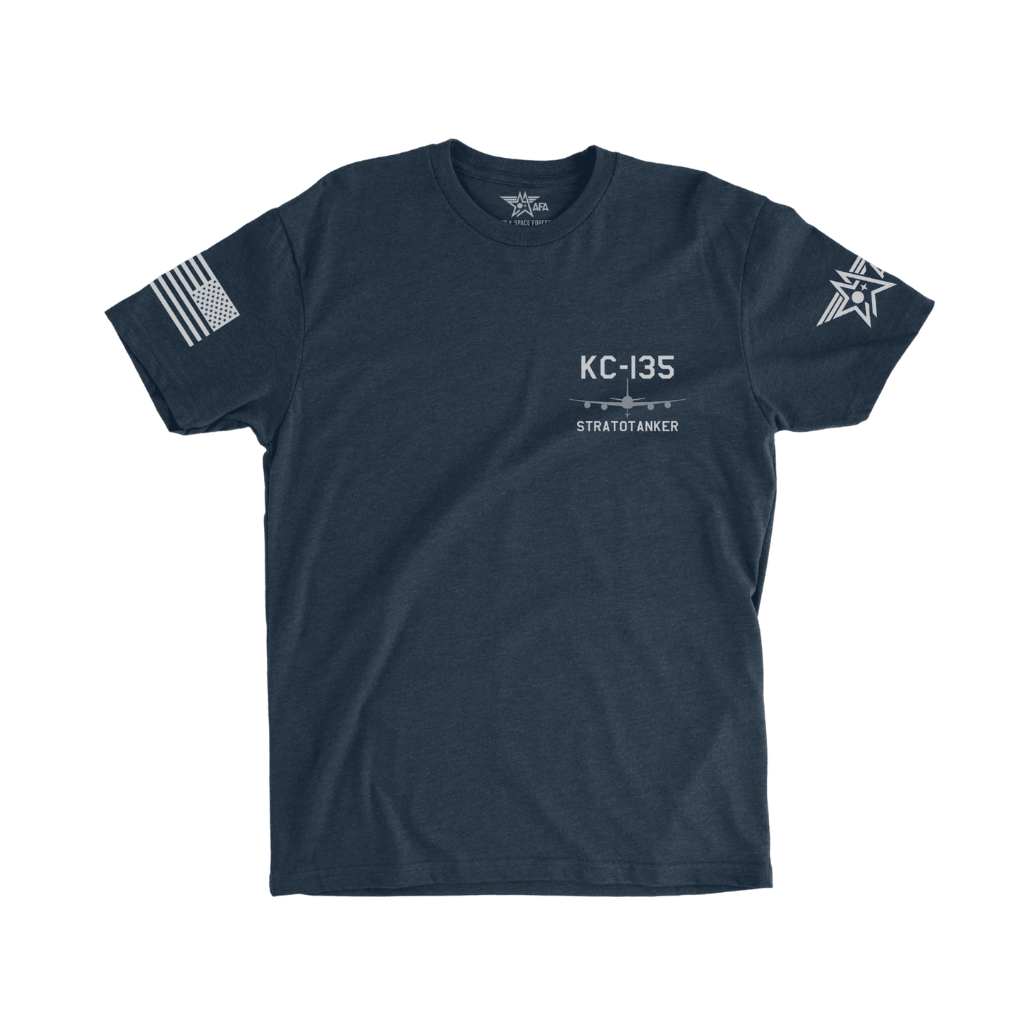 Navy blue t-shirt with aviation-themed graphics and text on a white background
