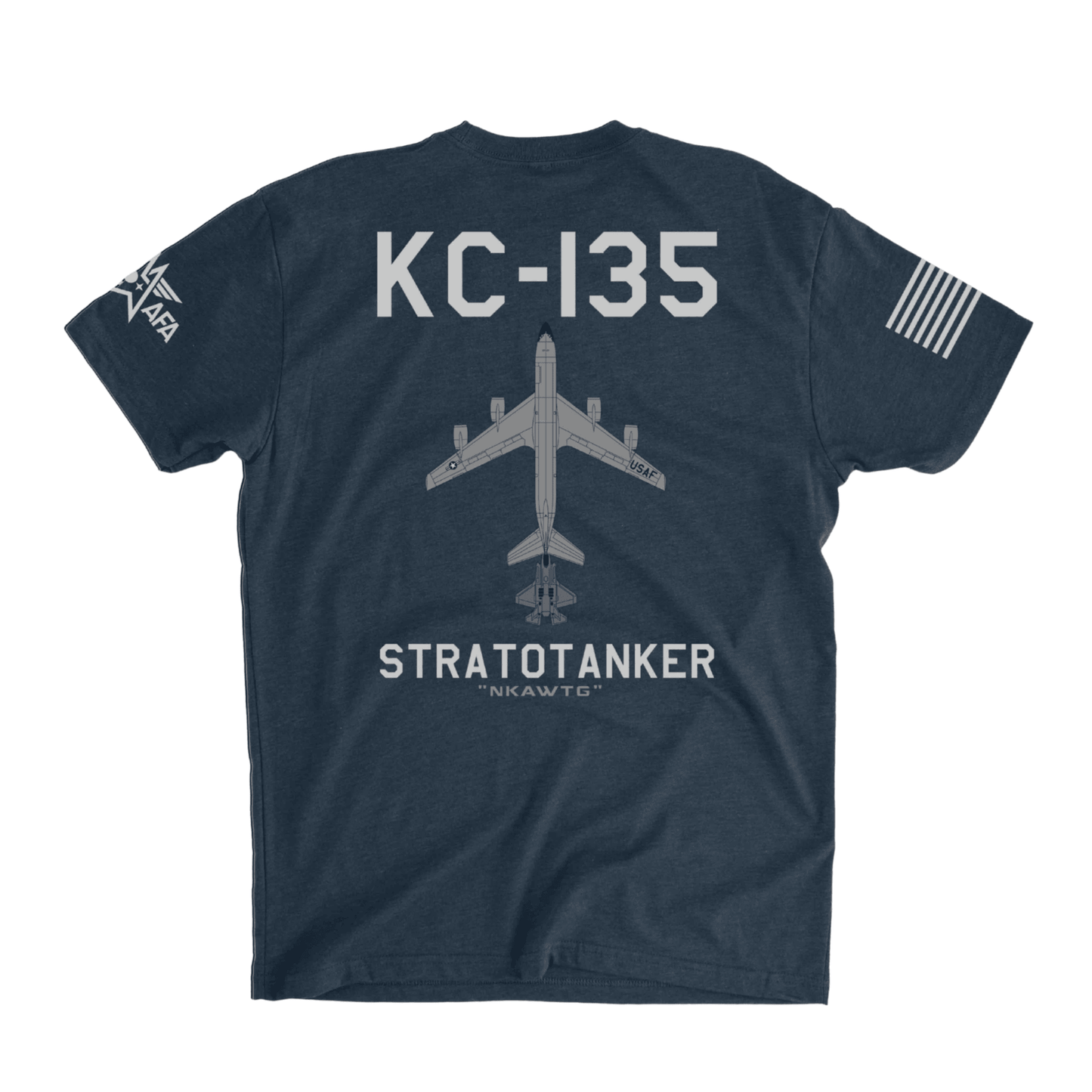 Navy blue t-shirt with KC-135 Stratotanker design on a white background
