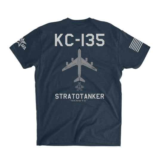 Navy blue t-shirt with KC-135 Stratotanker design on a white background
