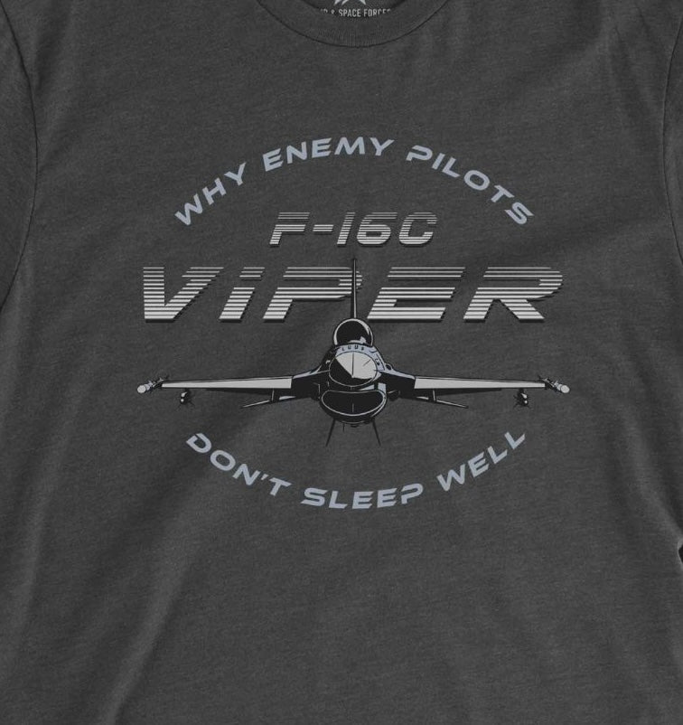 Dark gray t-shirt with F-16C Viper graphic and text on a plain background