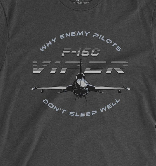 Dark gray t-shirt with F-16C Viper graphic and text on a plain background