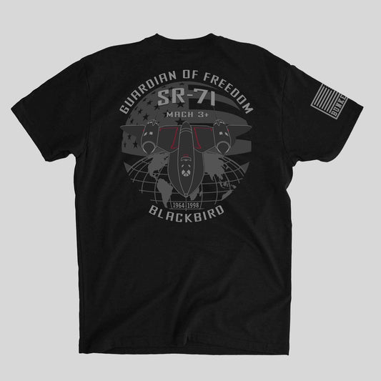 Black t-shirt with a graphic print of the SR-71 Blackbird aircraft and the text 'Guardian of Freedom SR-71 MACH 3'.