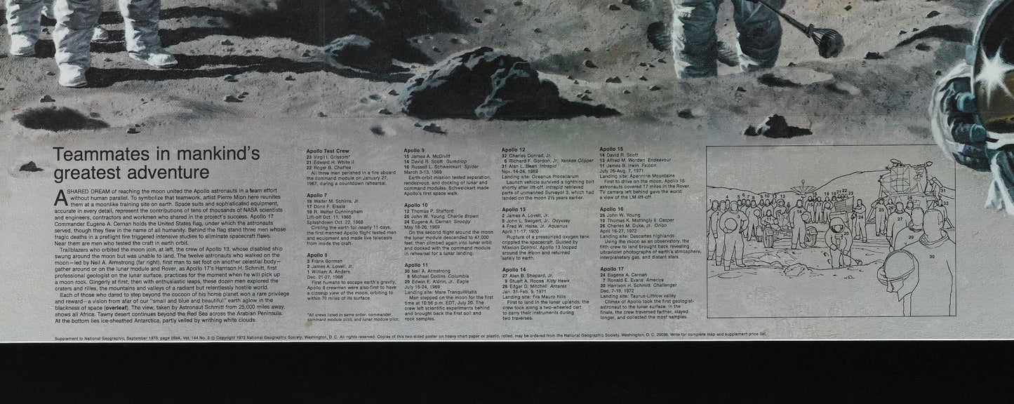 "Teammates in Mankind's Greatest Adventure" Apollo Crew Poster by National Geographic, Signed by Gene Cernan, Dave Scott, Ron Evans, and Tom Stafford, 1973
