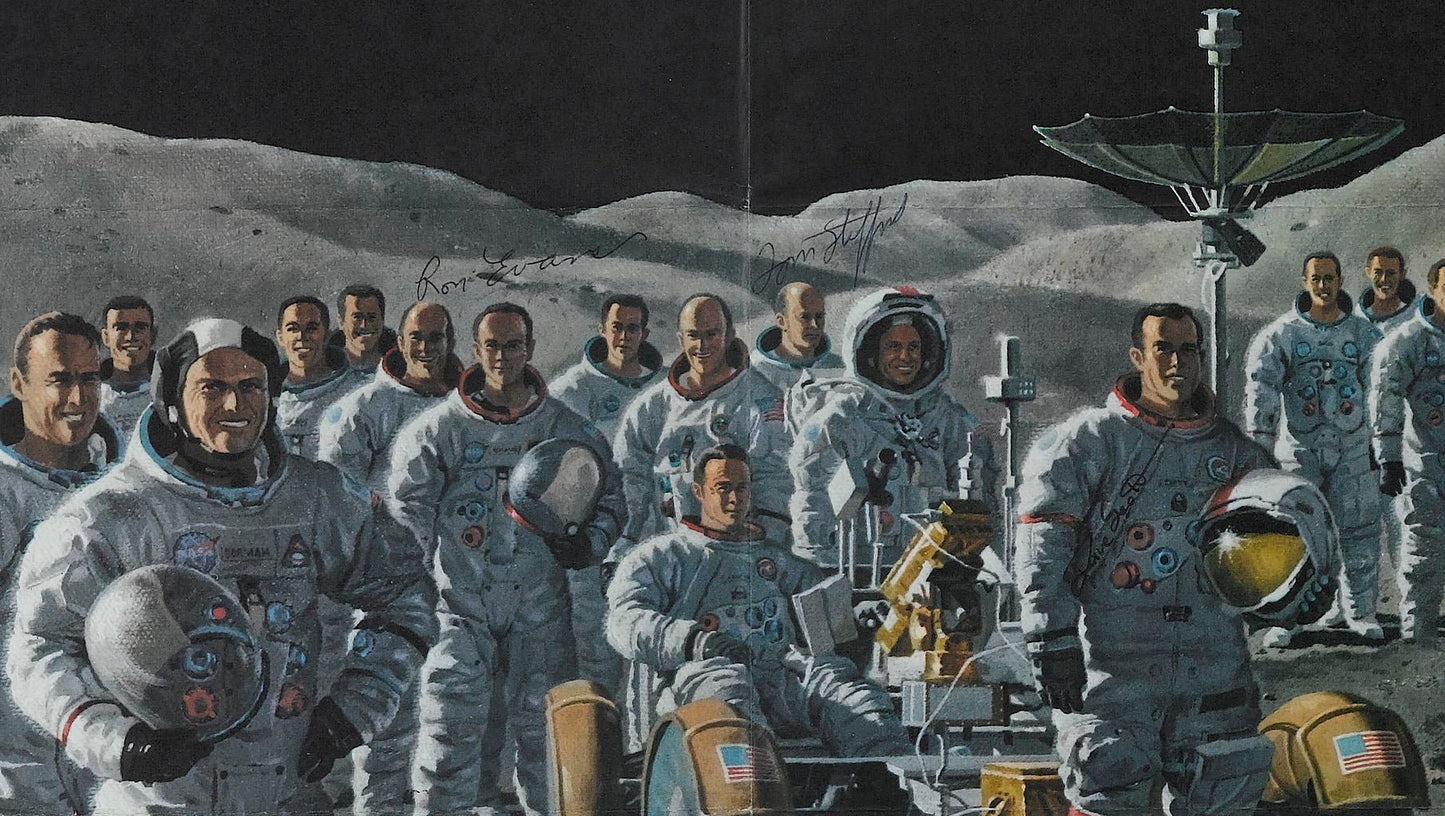 "Teammates in Mankind's Greatest Adventure" Apollo Crew Poster by National Geographic, Signed by Gene Cernan, Dave Scott, Ron Evans, and Tom Stafford, 1973