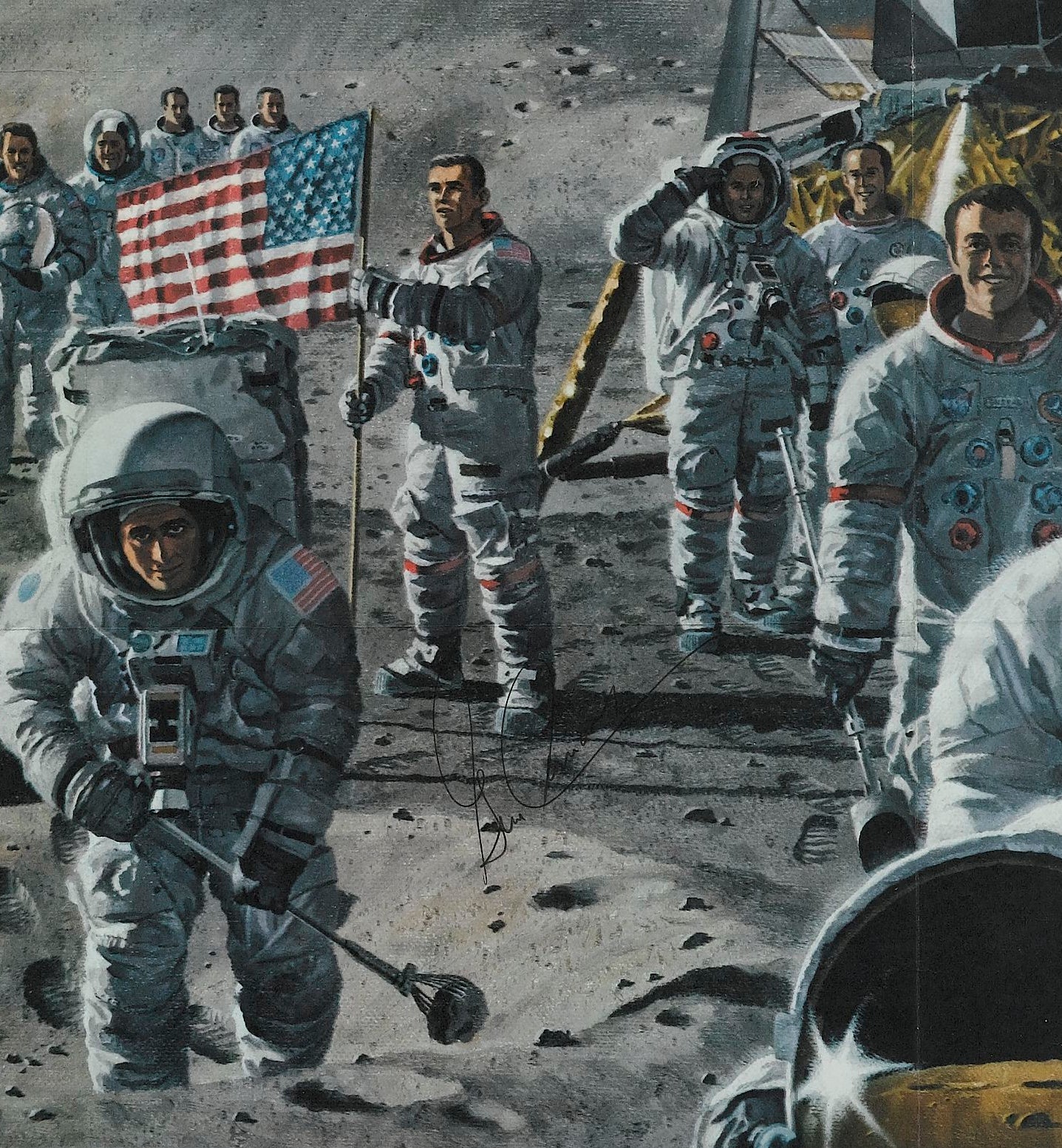 "Teammates in Mankind's Greatest Adventure" Apollo Crew Poster by National Geographic, Signed by Gene Cernan, Dave Scott, Ron Evans, and Tom Stafford, 1973