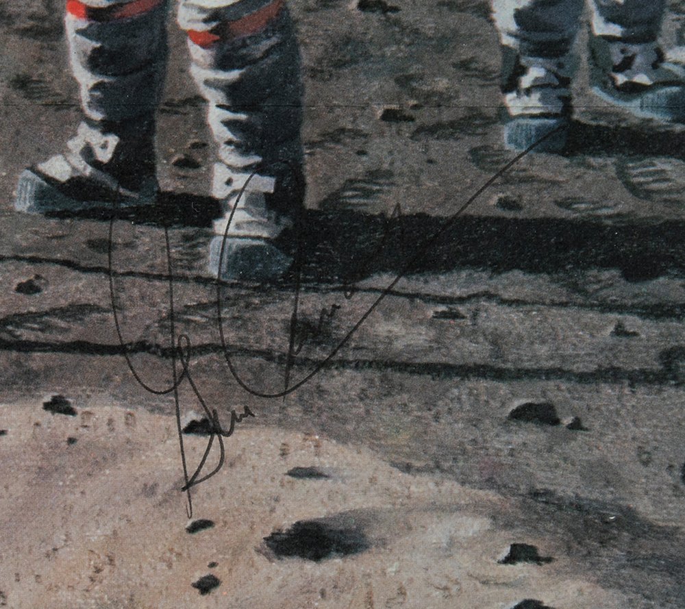 "Teammates in Mankind's Greatest Adventure" Apollo Crew Poster by National Geographic, Signed by Gene Cernan, Dave Scott, Ron Evans, and Tom Stafford, 1973