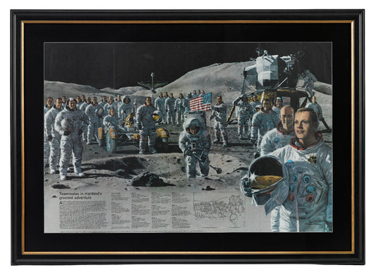 "Teammates in Mankind's Greatest Adventure" Apollo Crew Poster by National Geographic, Signed by Gene Cernan, Dave Scott, Ron Evans, and Tom Stafford, 1973