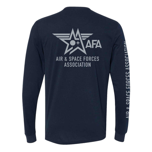 A navy blue long sleeve T-shirt with the Air & Space Forces Association logo printed on the back, along with text along the right sleeve.