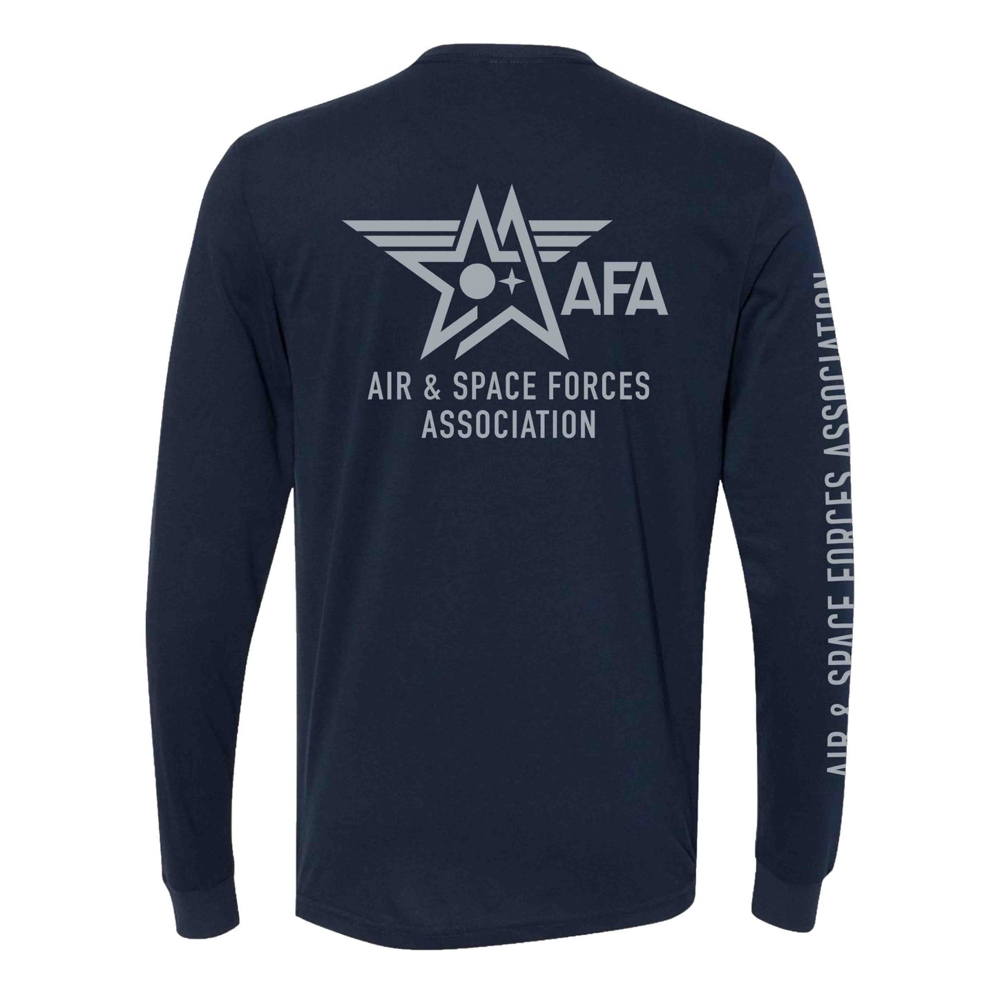 A navy blue long sleeve T-shirt with the Air & Space Forces Association logo printed on the back, along with text along the right sleeve.
