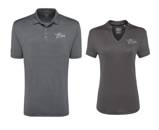 Two golf polos, one in gray with visible stripes, the other in a solid gray color, both featuring the AFA logo